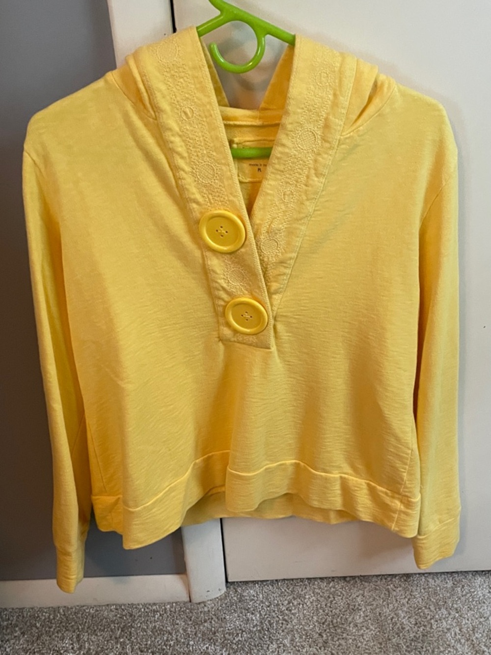 Relativity Soft Yellow Hooded Pullover with Button Placket